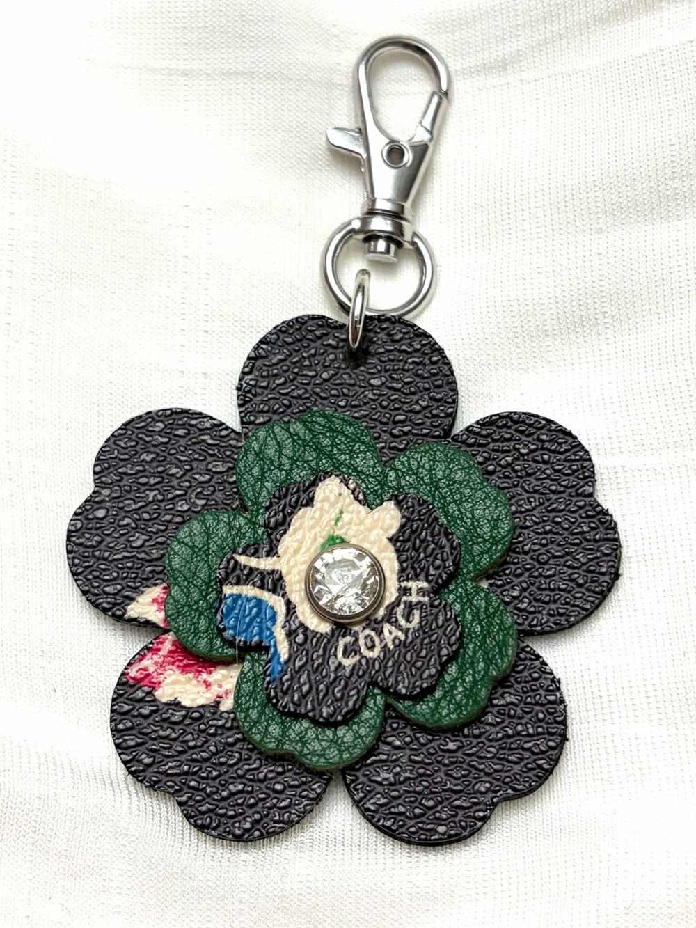 Upcycled COACH Black & Green Floral Leather Key Charm with Crystal Accent
